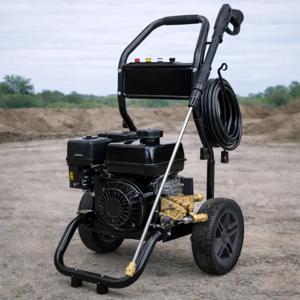 High-pressure power washer in outdoor use